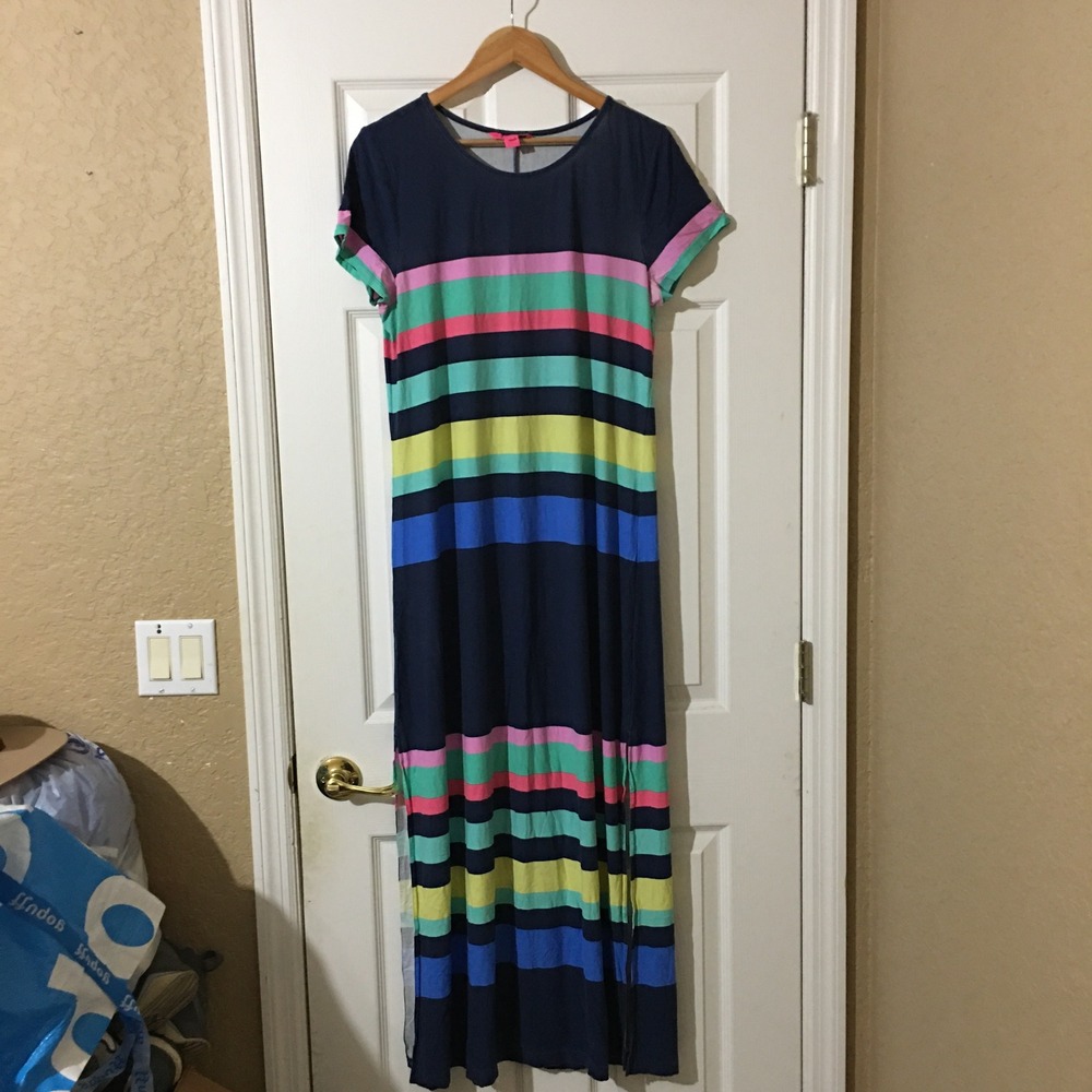 Lilly Pulitzer Maxi Dress XL Navy Blue Multi Striped Short Sleeve Side Slits